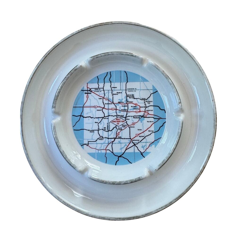 Vintage Ash Tray Highway Map Waukesha Jefferson Co Wisconsin Wolf Construction